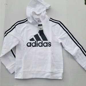 NWT Adidas Kids Long Sleeve Essential Fleece Hoodie White wBlack Logo & Stripes